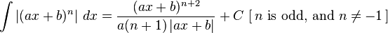 \int \left| (ax + b)^n \right|\,dx = {(ax + b)^{n+2} \over a(n+1) \left| ax + b \right|} + C \,\, [\,n\text{ is odd, and } n \neq -1\,]