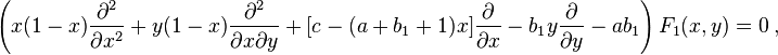 
\left( x(1-x) \frac {\partial^2} {\partial x^2} + y(1-x) \frac {\partial^2}
{\partial x \partial y} + \frac {\partial} {\partial x} - b_1 y
\frac {\partial} {\partial y} - a b_1 \right) F_1(x,y) = 0 ~,
