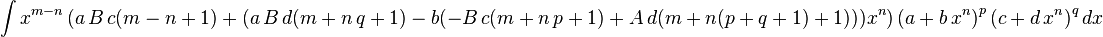  \int x^{m-n}\left(a\,B\,c (m-n+1)+(a\,B\,d (m+n\,q+1)-b (-B\,c (m+n\,p+1)+A\,d (m+n (p+q+1)+1))) x^n\right)\left(a+b\,x^n\right)^p\left(c+d\,x^n\right)^qdx
