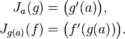 \begin{align}
J_a(g) &= \begin{pmatrix} g'(a) \end{pmatrix}, \\
J_{g(a)}(f) &= \begin{pmatrix} f'(g(a)) \end{pmatrix}.
\end{align}