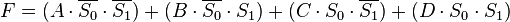 F = (A \cdot \overline{S_0} \cdot \overline{S_1}) + (B \cdot \overline {S_0} \cdot S_1) + (C \cdot S_0 \cdot \overline{S_1}) + (D \cdot S_0 \cdot S_1)