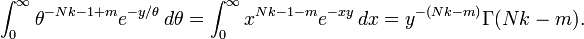 
\int_0^{\infty} \theta^{-N k-1+m} e^{-y / \theta}\, d\theta = \int_0^{\infty} x^{N k -1 -m} e^{-x y} \, dx = y^{-(N k -m)} \Gamma(N k -m). \!
