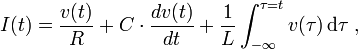 I(t) = \frac{v(t)}{R} + C \cdot \frac{dv(t)}{dt} + \frac{1}{L} \int_{-\infty}^{\tau=t} v(\tau)\, \mathrm d \tau  \;  , 