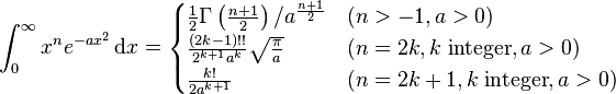 \int_{0}^{\infty} x^{n} e^{-ax^2}\,\mathrm{d}x = 
\begin{cases}
       \frac{1}{2}\Gamma \left(\frac{n+1}{2}\right)/a^{\frac{n+1}{2}} & (n>-1,a>0) \\
       \frac{(2k-1)!!}{2^{k+1}a^k}\sqrt{\frac{\pi}{a}} & (n=2k, k \;\text{integer}, a>0) \\
       \frac{k!}{2a^{k+1}} & (n=2k+1,k \;\text{integer}, a>0)
\end{cases} 
