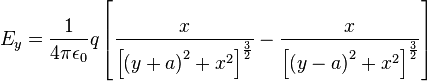 E_y=\frac{1}{4\pi\epsilon_0}q \left \lbrack \frac{x} {{\left [{(y+a)}^2+x^2 \right ] }^{\frac{3}{2}}}-\frac{x} {{\left [{(y-a)}^2+x^2 \right ] }^{\frac{3}{2}}}\right \rbrack 
