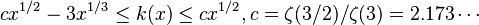 c x^{1/2}-3x^{1/3}\le k(x) \le c x^{1/2}, c=\zeta(3/2)/\zeta(3)=2.173\cdots