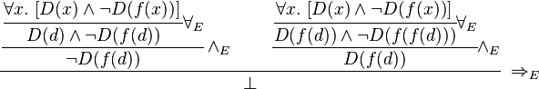 
\cfrac {\cfrac {\cfrac {\forall x .\ \, } {D(d) \wedge \neg D(f(d))} \forall_E } {\neg D(f(d))} \wedge_E \qquad \cfrac {\cfrac {\forall x .\ \, } {D(f(d)) \wedge \neg D(f(f(d)))} \forall_E } {D(f(d))} \wedge_E } {\bot}\ \Rightarrow_E
