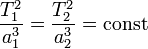 \frac{T^2_1}{a^3_1}=\frac{T^2_2}{a^3_2}=\text{const}