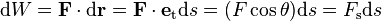 \mathrm d W=\mathbf F \cdot \mathrm d \mathbf r = 
\mathbf F \cdot \mathbf e_{\text{t}} \mathrm d s =
(F \cos\theta )\mathrm d s = F_{\text{s}} \mathrm d s \,