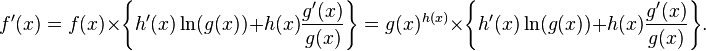 f'(x) = f(x)\times \Bigg\{h'(x) \ln(g(x)) + h(x)\frac{g'(x)}{g(x)}\Bigg\}=
g(x)^{h(x)}\times \Bigg\{h'(x) \ln(g(x)) + h(x)\frac{g'(x)}{g(x)}\Bigg\}.