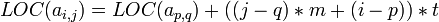 LOC(a_{i,j}) = LOC(a_{p,q}) + ( (j-q) * m + (i-p) ) * t