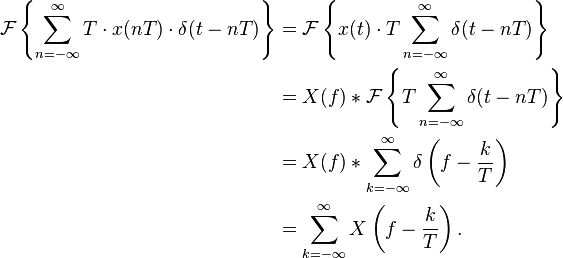 \begin{align}
\mathcal{F}\left \{\sum_{n=-\infty}^{\infty} T\cdot x(nT) \cdot \delta(t-nT)\right \} 