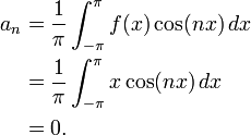 \begin{align} a_n &{}= \frac{1}{\pi}\int_{-\pi}^{\pi}f(x)\cos(nx)\,dx \\ &{}= \frac{1}{\pi}\int_{-\pi}^{\pi}x \cos(nx)\,dx \\ &{}= 0. \end{align}