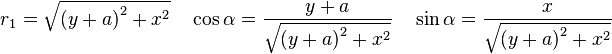 r_1=\sqrt{{(y+a)}^2+x^2}\quad\cos\alpha=\frac{y+a}{\sqrt{{(y+a)}^2+x^2}}\quad\sin\alpha=\frac{x}{\sqrt{{(y+a)}^2+x^2}}