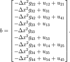 
b =
\begin{bmatrix} -\Delta x^2 g_{22} + u_{12} + u_{21} \\ -\Delta x^2 g_{32} + u_{31} ~~~~~~~~ \\ -\Delta x^2 g_{42} + u_{52} + u_{41} \\ -\Delta x^2 g_{23} + u_{13} ~~~~~~~~ \\ -\Delta x^2 g_{33} ~~~~~~~~~~~~~~~~ \\ -\Delta x^2 g_{43} + u_{53} ~~~~~~~~ \\ -\Delta x^2 g_{24} + u_{14} + u_{25} \\ -\Delta x^2 g_{34} + u_{35} ~~~~~~~~ \\ -\Delta x^2 g_{44} + u_{54} + u_{45}
\end{bmatrix}.
