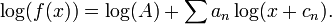  \log(f(x)) = \log(A) + \sum a_n \log(x + c_n). 