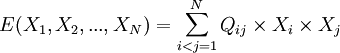 E(X_1, X_2, ... , X_N) = \sum_{i<j=1}^N Q_{ij} \times X_i \times X_j