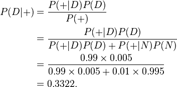 egin{align}P(D|+) & = frac{P(+ | D) P(D)}{P(+)} \
& = frac{P(+ | D) P(D)}{P(+ | D) P(D) + P(+ | N) P(N)} \
& = frac{0.99 	imes 0.005}{0.99 	imes 0.005 + 0.01 	imes 0.995} \
& = 0.3322.end{align}