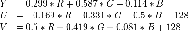 \begin{array}{rll}Y &= 0.299 * R + 0.587 * G + 0.114 * B \\U &= -0.169 * R - 0.331 * G + 0.5 * B + 128 \\V &= 0.5 * R - 0.419 * G - 0.081 * B + 128\end{array}