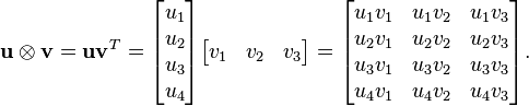 \mathbf{u} \otimes \mathbf{v} = \mathbf{u} \mathbf{v}^T =
\begin{bmatrix}u_1 \\ u_2 \\ u_3 \\ u_4\end{bmatrix}
\begin{bmatrix}v_1 & v_2 & v_3\end{bmatrix} =
\begin{bmatrix}u_1v_1 & u_1v_2 & u_1v_3 \\ u_2v_1 & u_2v_2 & u_2v_3 \\ u_3v_1 & u_3v_2 & u_3v_3 \\ u_4v_1 & u_4v_2 & u_4v_3\end{bmatrix}.