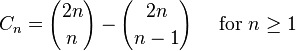 C_n = {2n\choose n} - {2n\choose n-1} \quad\mbox{ for }n\ge 1