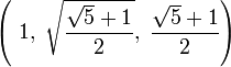 \left(\ 1,\;\sqrt{\frac{\sqrt{5} + 1}{2}},\;\frac{\sqrt{5} + 1}{2}\right)