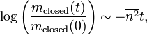 \log\left (\frac {
m_ {
\rm fermiĝis}
(t)}
{
m_ {
\rm fermiĝis}
(0)
}
\right) \sim \overline {
n^2}
t,