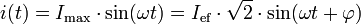 i(t)=I_\mathrm{max}\cdot\sin(\omega t)=I_\mathrm{ef}\cdot\sqrt{2}\cdot\sin(\omega t+\varphi)