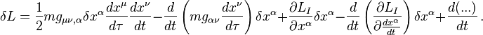  \delta L = \frac12 m g_{\mu\nu,\alpha} \delta x^{\alpha} \frac{d x^{\mu}}{d \tau} \frac{d x^{\nu}}{d t} - \frac{d }{d t} \left( m g_{\alpha\nu} \frac{d x^{\nu}}{d \tau} \right) \delta x^{\alpha} + \frac{\partial L_I}{\partial x^{\alpha}} \delta x^{\alpha} - \frac{d }{d t} \left( \frac{\partial L_I}{\partial \frac{d x^{\alpha}}{d t}} \right) \delta x^{\alpha} + \frac{d (...)}{d t} \,.