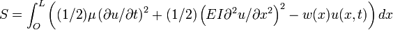  S = int_O^L left( (1/2)mu left( partial u/partial t right)^2 +  (1/2)left( EI partial^2 u/partial x^2 right)^2 -w(x) u(x,t)right) dx
