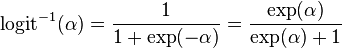 \operatorname {
logit}
^ {
- 1}
(\alpha) = \frac {
1}
{
1-+ \operatorname {
eksp}
(\alpha)}
= \frac {
\operatorname {
eksp}
(\alpha)}
{
\operatorname {
eksp}
(\alpha) + 1}