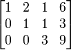 \begin{bmatrix}<br />
1 & 2 & 1 & 6\\<br />
0 & 1 & 1 & 3\\<br />
0 & 0 & 3 & 9\\<br />
\end{bmatrix}” /> Baris ke 3 ditambah 3 kali baris ke 2</p>
<p style=
