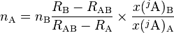 n_\mathrm{A} = n_\mathrm{B} \frac{R_\mathrm{B}-R_\mathrm{AB}}{R_\mathrm{AB}-R_\mathrm{A}} \times \frac {x(^{j}\mathrm{A})_\mathrm{B}}{x(^{j}\mathrm{A})_\mathrm{A}}