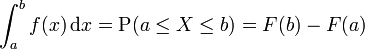 /int_a^b f(x) /, {/rm d}x = /operatorname{P}(a/le X/le b) = F ( b )-F ( a )