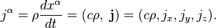 j^\alpha=\rho \frac{dx^\alpha}{dt}=(c\rho, ~\mathbf{j})=(c\rho,j_x,j_y,j_z).
