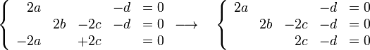 
   \left \{
      \begin{array}{rrrrr}
         2a &    &     & -d & = 0 \\
            & 2b & -2c & -d & = 0 \\
        -2a &    & +2c &    & = 0 
      \end{array}
   \right .
   \longrightarrow\quad
   \left \{
      \begin{array}{rrrrr}
         2a &    &     & -d & = 0 \\
            & 2b & -2c & -d & = 0 \\
            &    &  2c & -d & = 0 
      \end{array}
   \right .
