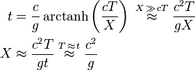 \begin{align} t &= \frac{c}{g} \operatorname{arctanh}\left (\frac{c T}{X}\right) \;\overset {X \,\gg\, cT}\approx\; \frac{c^2 T}{g X}\\ X &\approx \frac{c^2 T}{g t} \;\overset{T \,\approx\, t}\approx\; \frac{c^2 }{g}
\end{align}