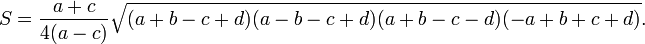 S=\frac{a+c}{4(a-c)}\sqrt{(a+b-c+d)(a-b-c+d)(a+b-c-d)(-a+b+c+d)}.