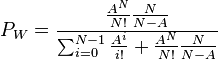 P_W = {{\frac{A^N}{N!} \frac{N}{N - A}} \over \sum_{i=0}^{N-1} \frac{A^i}{i!} + \frac{A^N}{N!} \frac{N}{N - A}} \,