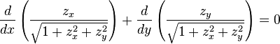 \frac {
d}
{
dks}
\left (\frac {
z_ks}
{
\sqrt {
1+z_x^2z_y^2}
}
\right) + \frac {
d}
{
dy}
\left (\frac {
z_y}
{
\sqrt {
1+z_x^2z_y^2}
}
\right) = 0