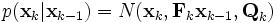 p(/textbf{x}_k | /textbf{x}_{k-1}) = N(/textbf{x}_k, /textbf{F}_k/textbf{x}_{k-1}, /textbf{Q}_k)