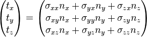 
\begin{pmatrix}
 t_{x} \\
 t_{y} \\
 t_{z}
\end{pmatrix}
= \begin{pmatrix}
 \sigma_{xx} n_{x} + \sigma_{yx} n_{y} + \sigma_{zx} n_{z} \\
 \sigma_{xy} n_{x} + \sigma_{yy} n_{y} + \sigma_{zy} n_{z} \\
 \sigma_{xz} n_{x} + \sigma_{yz} n_{y} + \sigma_{zz} n_{z}
\end{pmatrix}
