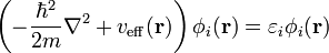 \left (\frac { \hbar^2} {2m} \nabla^2+v_ { \rm fiku} (\matbf r) \right) \fi_ { mi} (\matbf r) \varepsilon_ { mi} \fi_ { mi}