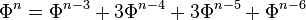 Phi^n = Phi^{n-3} + 3 Phi^{n-4} + 3 Phi^{n-5} + Phi^{n-6},