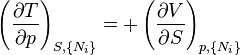 
\left(\frac{\partial T}{\partial p}\right)_{S,\{N_i\}} =
+\left(\frac{\partial V}{\partial S}\right)_{p,\{N_i\}}
