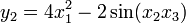  y_2 = 4x_1^2 - 2 \sin (x_2x_3) \,