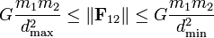  G \frac{m_1 m_2}{d_{\max}^2} \le \| \mathbf{F}_{12} \| \le G \frac{m_1 m_2}{d_{\min}^2}