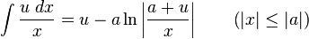 \int\frac{u\;dx}{x} = u-a\ln\left|\frac{a+u}{x}\right| \qquad\mbox{(}|x|\leq|a|\mbox{)}