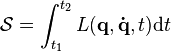  \mathcal{S} = \int_{t_1}^{t_2} L(\mathbf{q},\mathbf{\dot{q}},t) \mathrm{d}t \,\!