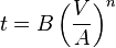 t = B \left( \frac{V}{A} \right)^n
